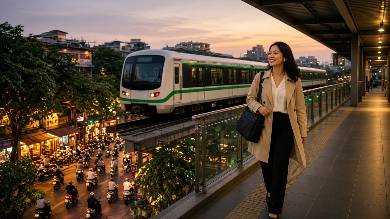 Tàu Green Line trên cao tại Hà Nội lúc hoàng hôn