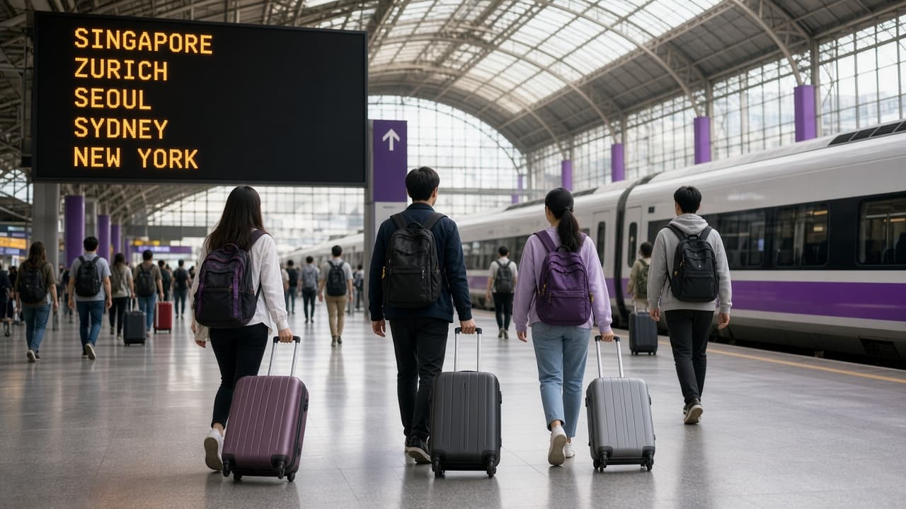 Sinh viên kéo vali tới tàu Purple Line đi Singapore, Zurich, Seoul