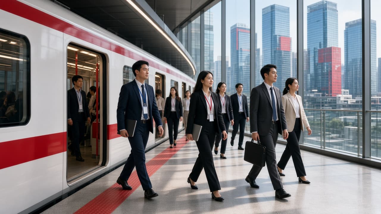 Người trẻ bước xuống tàu Red Line vào khu văn phòng tập đoàn